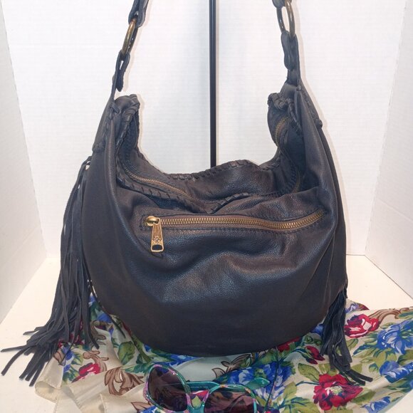 PATRICIA NASH "Vincenzo" Dark Navy Leather Super Slouchy Big Hobo Bag w Fringe - Picture 3 of 15